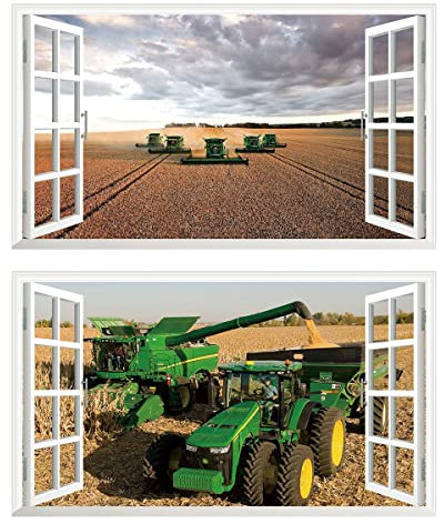 2Pcs Wandtattoo Mähdrescher Traktor Trecker 3D Effekt XXL Farm Feld Landwirtschaft Wandaufkleber Fenster Selbstklebend für Junge Kinderzimmer Groß 1000mmx600mm