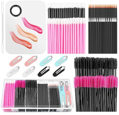 Shynek Makeup Mixing Palette with Spatula, Disposable Makeup Brushes, Mascara Wands, Lip Applicators, Hair Clips with Organizer Box