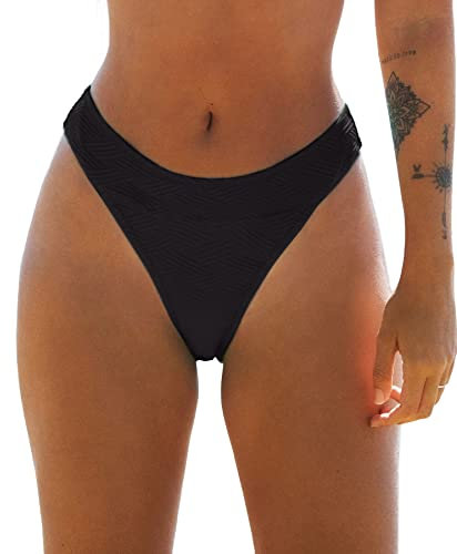 CUPSHE Women's Bikini Bottom High Cut Mid Waist Cheeky Bathing Suit, M Black