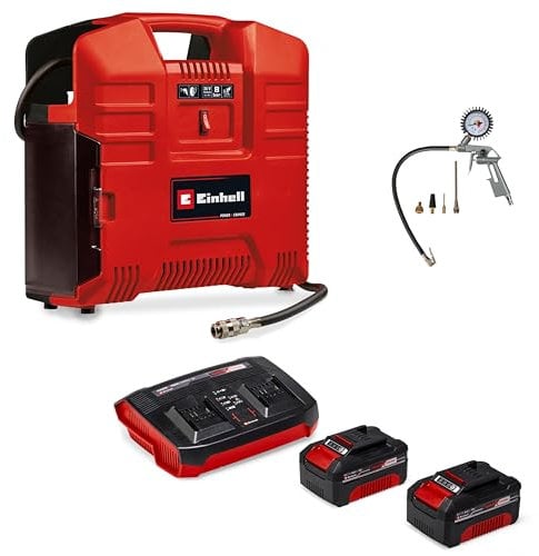 Einhell Compresor de maletín con batería TE-AC 36/8 Li OF Set-Solo Power X-Change (36 V, máx. 8 bar, sin aceite, potencia de aspiración 130 l/min, incl. set adaptador de 3 pz.,) + Twinpack 4 Ah