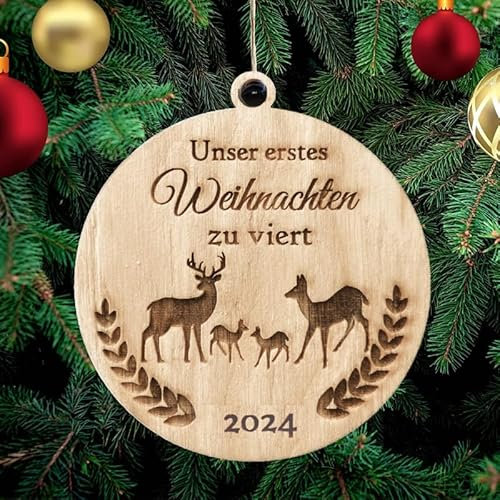 Pet-Jos Unser Erstes Weihnachtenals zu viert Christbaumschmuck Weihnachtsdeko aus Holz Weihnachtsbaum Weihnachtsdekoration Weihnachtsbaumschmuck