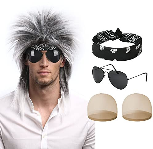 Aomig Vokuhila Perücke Schwarz, 5 Stück Punk Gothic Rocker Kit mit Perücke 2 Nylon Wig Cap Bandanas Sonnenbrille, Hip Hop Disco Kostüm Accessoires für 70er 80er 90er Jahre Outfit Damen Herren