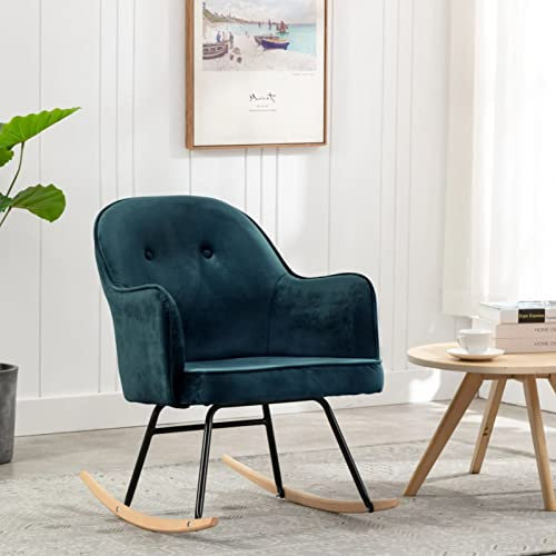 MOONAIRY Schaukelstuhl, Sessel Wohnzimmer, Schaukelsessel, Stillsessel, Schwingsessel, Tv Sessel, Ohrensessel, Rocking Chair, Relaxsessel, Blau Samt