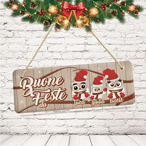 Generico Fuori Porta Natalizio in Legno Targa Fuoriporta Personalizzato Famiglia Nomi Natale da Esterno Interno casa (Rettangolare(10x29 cm), Buone Feste Gufetti)