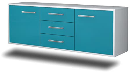 Lqliving TV-Board Lowboard, Wandmontiert, Korpus in Weiss matt, Front im trendigem Türkis (136x47x35cm), mit Metall Griffen, Made in Germany