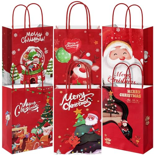 UPINS Weihnachten Geschenktüten, 12 Stück Weihnachtstaschen aus Kraftpapier Weihnachten Papiertüten mit Griffen Weihnachtsgeschenktüten für Weihnachten Partyzubehör