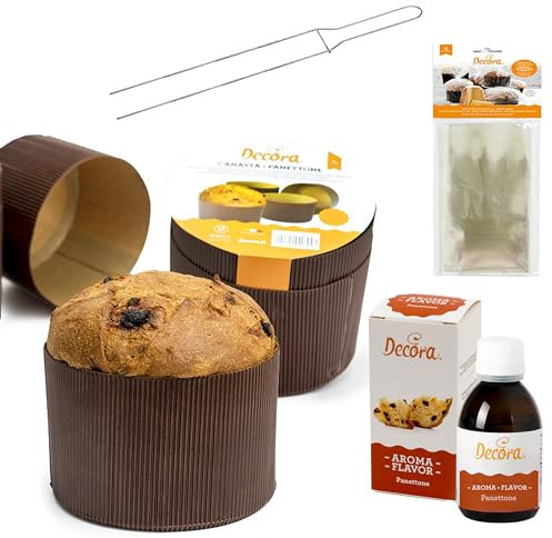 Foralco - Kit Panettone per Natale con Aroma Panettone Decora 50gr - 5 Sacchetti Decora e 5 Stampi Panettone Artigianale - Accessori Pasticceria Professionale - (SPILLONE 52CM, E Stampo da 750GR)