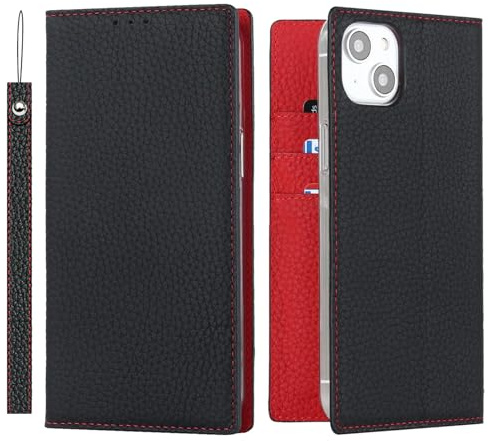 ELTEKER Hülle iPhone 13 Handyhülle [Echtes Leder] Klapphülle iPhone 13 mit Kartenfach,Schutzhülle Leder Hülle für iPhone 13-Schwarz