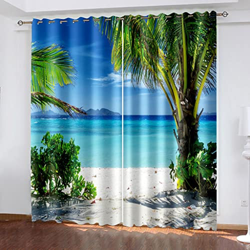 Verdunklungsvorhänge Mit Ösen 3D Küstenstrand Druck Vorhang Blickdicht Fensterdekoration Schlafzimmer Wohnzimmer Kinderzimmer, Schallschutz Thermogardine, Ösenschal 2Er Set 200X200cm