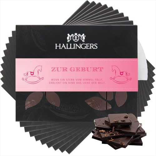 Hallingers Genuss Manufaktur Vegane Schokolade Glückwunsch-Geschenk - Tafel handgeschöpfter Edelkakao ohne Alkohol edler Karton 10x Zur Geburt Pur 85%, Geschenkidee für Frauen Männer