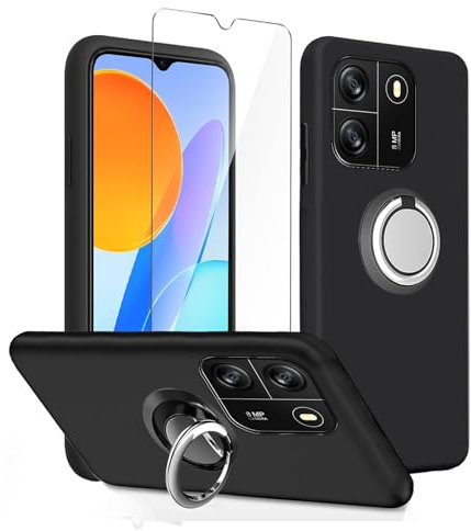 LYZXMY Coque pour Blackview Wave 6C / Blackview Oscal Flat 1C (6.5) Noir Housse + Support Rotatif + Verre trempé écran Film Protecteur - Étui Souple Silicone TPU Case Cover