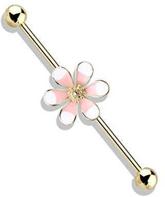 beyoutifulthings Industrial-Piercing Gold zwei-farbige Enamel Blüte Weiß Rosa Industrial-Barbell Industrial-Bar Chirurgenstahl Stab-länge 38-mm