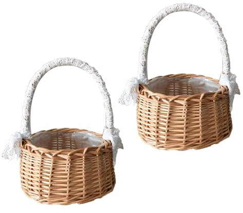2 Piezas Cestas Pequeñas Mimbre con Asa, Boda Flor Cesta, Cesta de Paja, Cesta para Comuniones, Cestas Tejidas con Lazo, Cesta de Flores Tejida para Boda Ceremonia Fiesta, Decoración Del Jardín