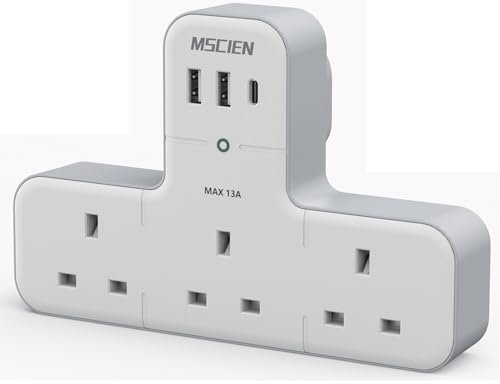 3 Way Plug Extension With 3 USB, Multi Plug Adapter UK with 315 Degree Rotation Plug, Wall Socket Plug Extender for Kitchen Home School Office