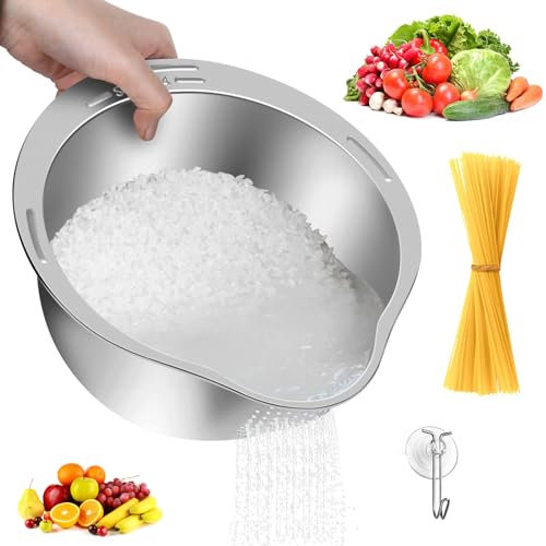 Colador Acero Inoxidable para Lavar Arroz - Escurridor Pasta Colador Acero Inoxidable con Pico Seguridad Alimentaria - Colador de Cocina para Enjuagar, Quinoa, Frutas, Verduras, Granos