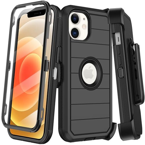 KECAI for iPhone 12 Mini Case with Built-in Screen Protector,Belt Clip Holster,Heavy Duty Shockproof Drop Protection Military Grade Durable Phone Cover with Kickstand for Apple 12 Mini (Black)
