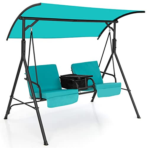 RELAX4LIFE 2 Seater Canopy Swing Chair, Outdoor Porch Swing Bench Hammock with Adjustable Canopy, Cooler Bag, Rotatable Tray and Cushions, Garden Patio Swing Loveseat for Backyard Poolside (Turquoise)