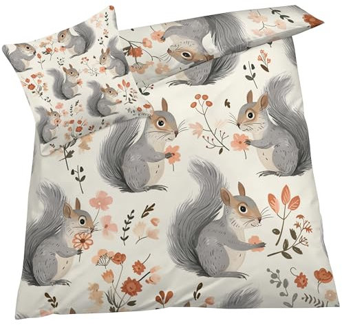 YELDAN Eichhörnchen Bettwäsche 135x200 2 teilig, Blume Tiere Bettwäsche Sets, Weich & Warm Mikrofaser Raumdekoration Bettbezug und 1 Kissenbezug 80x80 mit Umschlag, Für Kinder und Erwachsene.