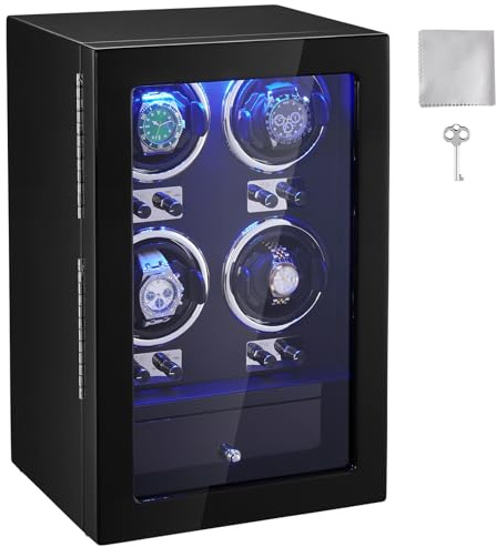 VEVOR Remontoir de montre pour 4 montres automatiques pour homme et femme, avec 4 moteurs japonais Mabuchi super silencieux, lumière LED bleue et adaptateur, coque en carton haute densité et