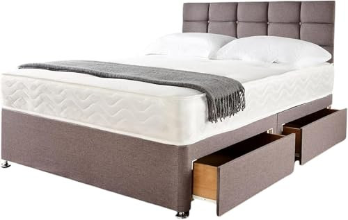 Grey Linen Look Divan King Size Bed Frame with 20” Cubic Headboard | King Size Bed with Mattress Spring Memory Foam & 2 Storage Drawers | Divan Bed