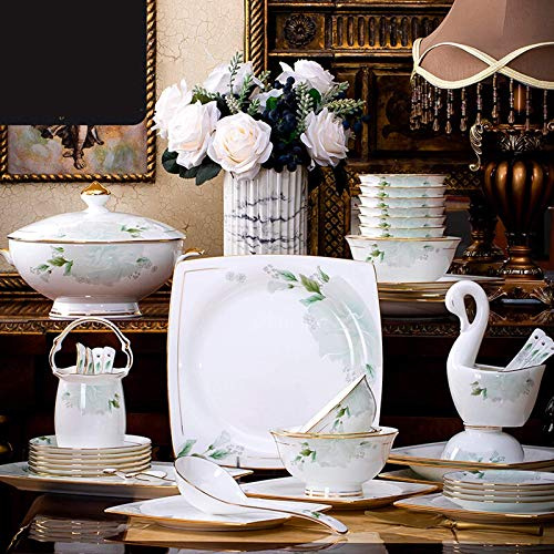 QUSYZD Assiettes à dîner, Service de Vaisselle en céramique Haut de Gamme, Services de Table en Porcelaine Haut de Gamme 48 pièces avec marmite à Soupe et Bol à céréales | Servi,