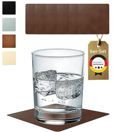 Lederfabrik Garnier® Untersetzer Gläser quadratisch 6er-Set - rutschfest & Abwaschbar - Perfekter Tischschutz - Glasuntersetzer Leder Braun - Made in DE