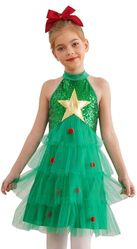 HULIJA Bambina Abito da Albero di Natale Vestito da Babbo Natale con Paillettes Abito da Elfo per Le Vacanze Natalizi Un Pezzo Mostra Cosplay Verde 15-16 anni