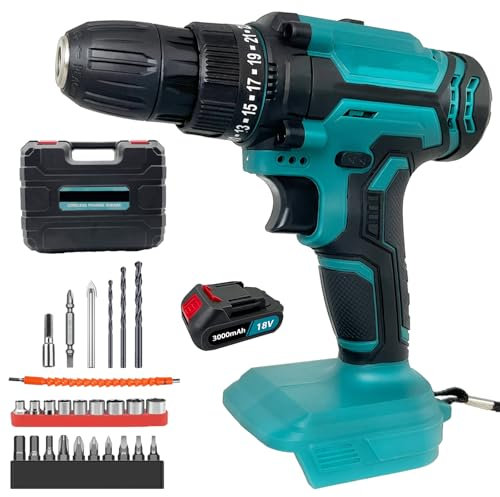 Cordless Drill Driver 21V,Compatible with Makita 18V Battery, 26Pcs Drill Bits, 1x 3.0AH Battery,LED Light,2-Speed,25 + 3 Torque