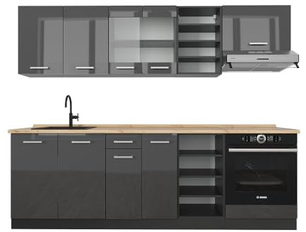Vicco Küchenzeile R-Line, Anthrazit Hochglanz/Anthrazit, 240 cm, AP Eiche
