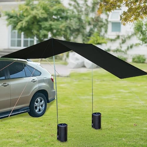 wasserdichte Auto Markise Sonnenunterkunft, Auto Seite markise Auto Zelt Camping Sonnendach Heckklappenzelt mit UV Schutz, Auto Dachzelt, mit 2 tragfähigen Wassersäcken (Schwarz, 440 X 200cm)