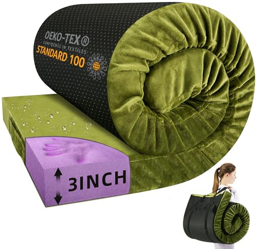 BDEUS Memory Foam Camping Mattress Pad 3inch Cot Size Waterproof Roll Up Bed Sleeping Mat for Adults Portable Roll Up Mattress for Travel Guest Floor Bed Cot Mattress Pad for Car, Tent (Green, Cot)