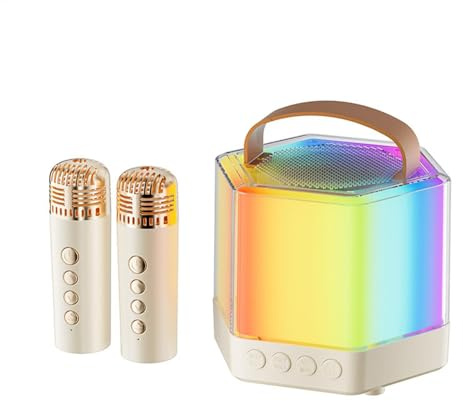 ETUCYNG Máquina de karaoke con 2 micrófonos, máquina de karaoke portátil con luces LED, altavoz de karaoke inalámbrico de 10,4 x 8,6 cm, luz de color RGB, efectos de sonido envolvente, regalo para