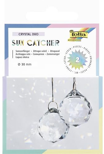 folia 23839 - Sun Catcher CRYSTAL DUO, 2 Sonnenfänger aus Glas inkl. 8 m Metallic Garn in Gold, Ø 3 cm Kristalle zum Aufhängen