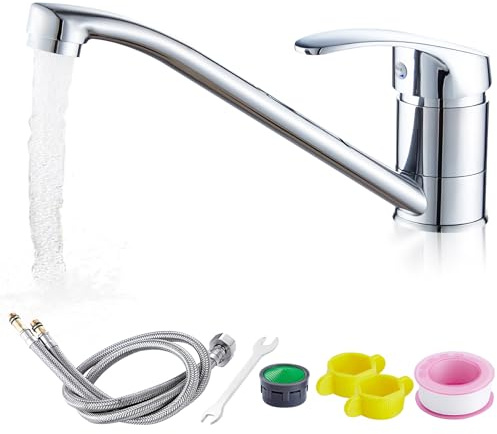 GOEDCH Mitigeur monocommande pivotant à 360° : robinet d'évier en acier inoxydable avec cartouche en céramique, robinet d'évier à levier unique chromé, robinet de cuisine avec tuyau de 60 cm, pour