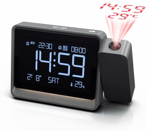 Orologio Proiezione Digitale con Regolazione Messa a Fuoco per Camera da Letto - Proiettore Girevole 180°, Sincro Oraria Bluetooth, Doppia Sveglia, Data, Temperatura, Dimmer 4 Livelli, Snooze
