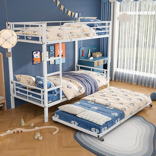 NADEUSAK Eisenbett, Etagenbett, Geeignet für Kinder und Jugendliche, mit Ausziehbett, Vier Seitengitter am oberen Bett, Eisen, Weiß, 90x200cm/90x190cm