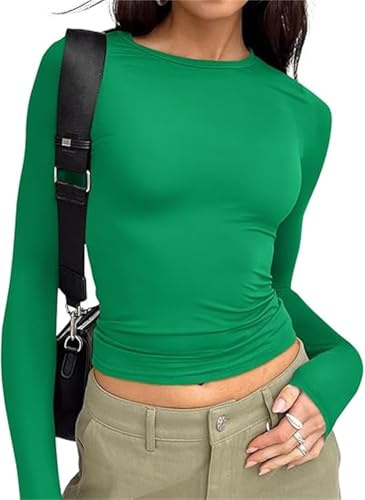 Women's Casual Crop Tops Slim Fit Top Crew Neck Long Sleeve Tight T-Shirt Basic Blouse Tee Tops