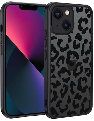 XTCASE für iPhone 13 Hülle, Aesthetic Leopard Muster Frauen Mädchen Case Matt Transluzente Handyhülle Kratzfeste PC Rückseite + TPU Bumper - Schwarz