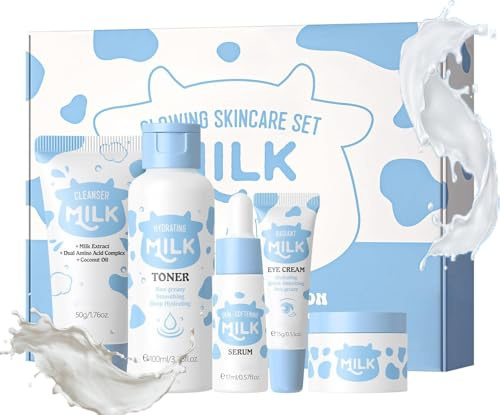 5-teiliges Milk Skincare Set, Milch Gesichtspflege für Teenager, Mädchen und Frauen, Korean Skin Care Set Mit Gesichtscreme, Augencreme, Gesichtsserum