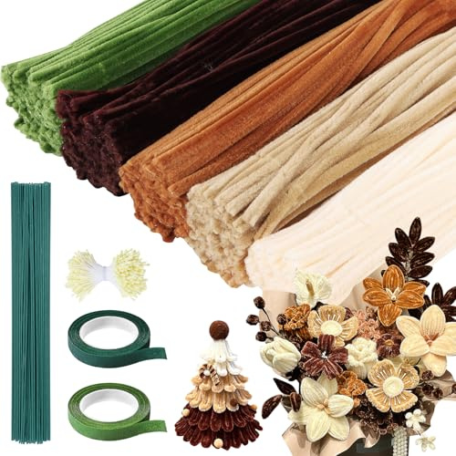 Niuny Pfeifenputzer zum Basteln Blumen 500Stk Pfeifenreiniger Blumen 5 Farben Pfeifenreiniger zum Basteln Pipe Cleaner Pfeifenputzer Braun mit Blumendraht Staubgefäße Klebeband für DIY Blumenstrauß