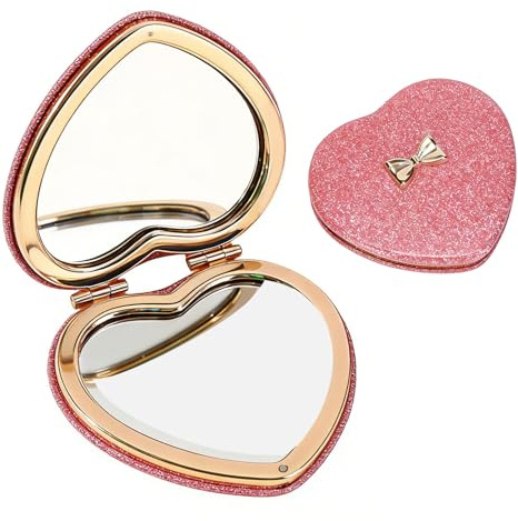 7.5 cm Kompaktspiegel, Mini Herz Taschenspiegel, Faltbar & Handheld 2-seitiger 1x/2-fache Vergrößerung Kompaktspiegel Kleiner Tragbarer Handspiegel, Doppelseitiger Niedlicher GlitzerSpiegel, Rosa