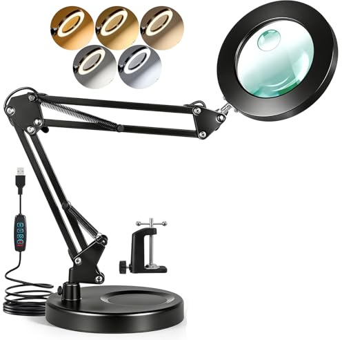 Dibaful Lupe mit Licht und Ständer 10 mit 15 Fach Lupenleuchte mit Klemme | Leselupe Standlupe Lupenlampe mit 5 Farben und Stufenlos | LED Schreibtischlampe für Reparatur Arbeit und zum Lernen