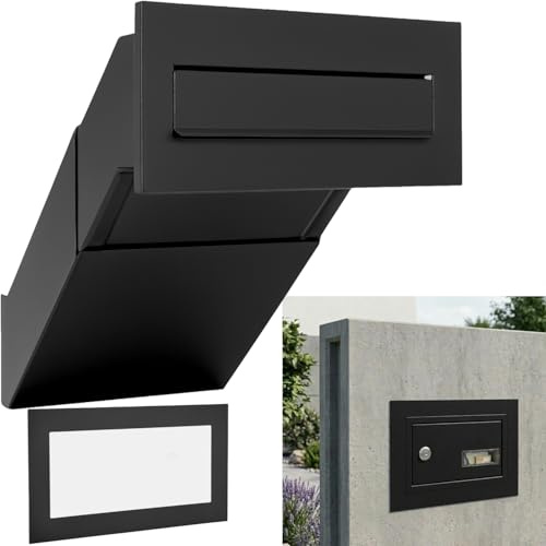 Mauerdurchwurf Briefkasten mit Rahmen wetterfest Schwarz Matt RAL9017 | Einbaubriefkasten XXL Wandstärke 260–420mm Frontplatte 305x135mm Stahlblech, pulverbeschichtet