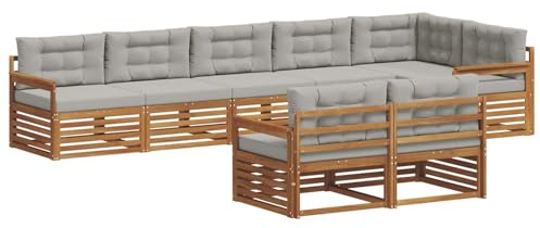 vidaXL Outdoor-Sofagarnitur mit Kissen 8 pcs Natürlich und Hellgrau, Modulares Outdoor-Sofa-Set, Robustes Garten-Lounger, Acacia-Möbel für Terrasse, Moderne Sitzgelegenheit