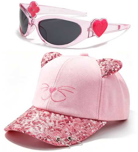 VorPrillynt Baseballcap, Glitzer Basecap, Sommer Mütze, Sonnenbrille, Kappe Mädchen Baseballkappe Strass Katze Schirmmütze Faltbar Cap Atmungsaktiv Sonnenhut Verstellbar Mütze - Rosa