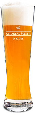 AMAVEL Bicchiere da Birra Weiss con Incisione Corona, Personalizzato con Nome e Data, Calici in Vetro da Collezione, Accessori Decorativi Casa