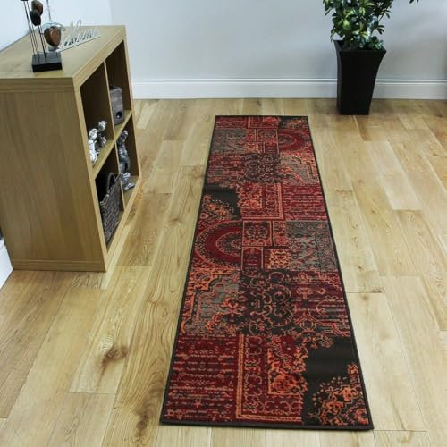The Rug House Milan Traditioneller Läufer Teppich mit Patchwork-Muster für das Wohnzimmer in Rot-, Braun-, Grau- und Orangefarbtönen 60cm x 240cm