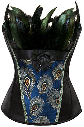 Jutrisujo Corsage Korsett Vollbrust Feder bustier Damen Dessous Stickerei Kostüme Pfau Pattern Burlesque Schwarz S