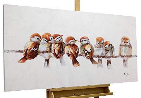 KunstLoft Leinwandbild | 100% HANDGEMALT | 120x60cm | Gemälde 'Happy Family Reunion' | Flugvögel | Grau Braun | Wandbild Wohnzimmer