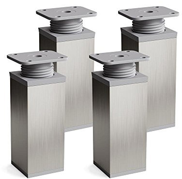 Sossai Pieds de Meuble Design MFV1 – Lot de 4 éléments réglables en Hauteur, Couleur Gris INOX Aspect Acier Inoxydable, H 100 mm, Profil à Quatre côtés, pour Armoire, Commode